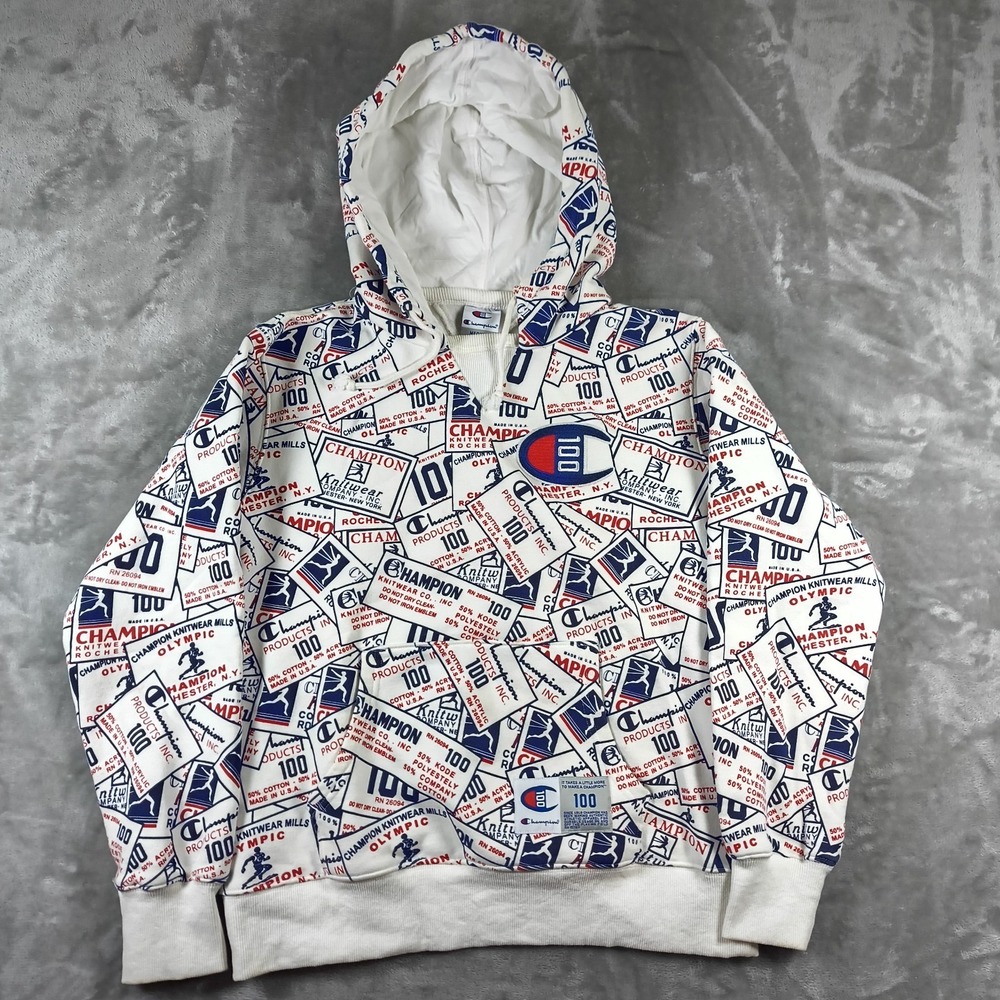 Champion 100‎ Hoodie Mens Medium White Big C Pullover All Over Print Sweatshirt